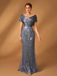 Serin Váy dạ hội đuôi cá xếp ly trễ vai bằng vải satin màu xám sang trọng & thanh lịch, phù hợp cho các sự kiện trang trọng, tiệc tùng, đám cưới, cô dâu/mẹ cô dâu - Xám - Xem 4