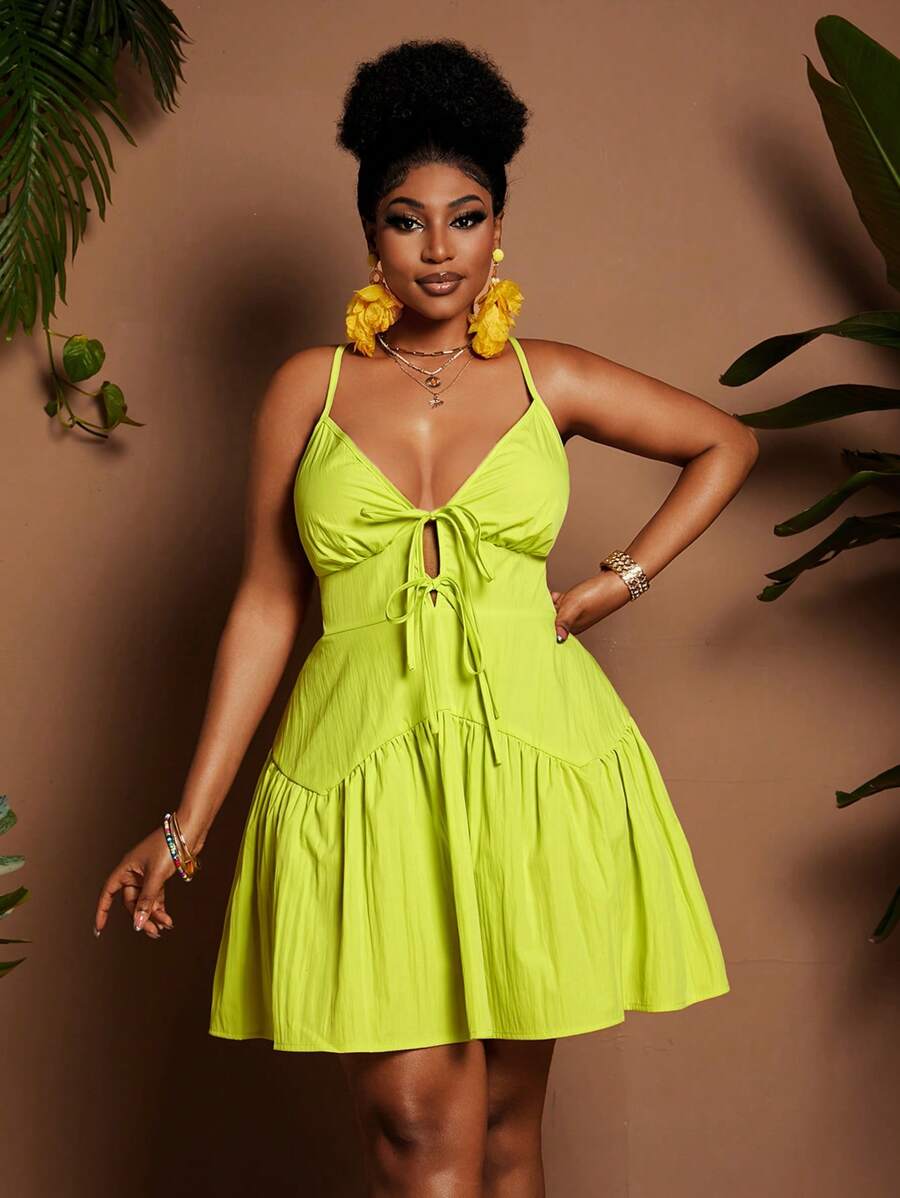 Maweii Plus Size Women Elegant Vacation Style Solid Color V-Neck Tie Waist Asymmetrical Ruched A-Line Mini Dress, Spring/Summer - Yellow - View 1