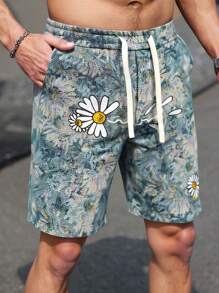 Manfinity Homme Manfinity EMRG 男士新款花卉印花休闲宽松百慕大短裤，美国时尚街头服饰，男士花卉印花休闲夏季短裤图案图形多彩外出