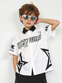 SHEIN Tween Boy Casual Fashion Letter Print Short Sleeve Loose Shirt, Suitable For Attending Various Interest Classes Or Outdoor Activities - Black and White - View 1
