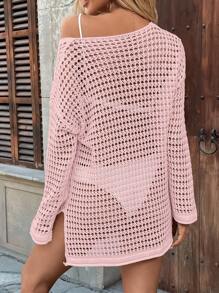 LanaWest Women's Vacation Solid Color Drop Shoulder Long Sleeve Casual Loose Cover Up Top For Summer