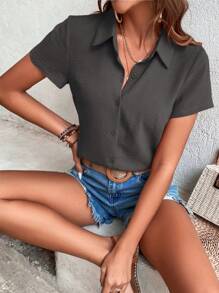 EMERY ROSE Women Short Sleeve Solid Color Shirt, Simple And Fashionable, Suitable For Summer - Grey - View 3