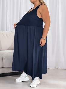 SHEIN CURVE+ Plus Size Women's Solid Color Basic Sleeveless Dressbeach Outfits For Woman/Beach Dress/Beach Vacation Outfits/Beach Essentials / Graduation/Tea Party Dress - Navy Blue - View 6