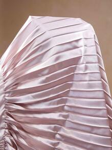 SHEIN Unity New Elegant Ruched Fitted Long Vacation Style Satin Solid Color Heavy Ruched V-Neck Gathered Waist Pleated Dress Women Formal Party Gown - Champagne - View 8
