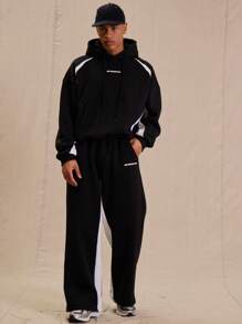 Men Contrast Panel "Musero" Slogan Graphic Print Hoodie - Black and White - View 5