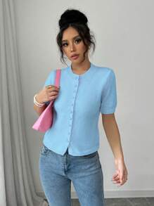 Gloray New Loose Fit Casual Knit Top, Pink Simplistic Button Decoration Short Sleeve Sweater For Women, Autumn/Winter