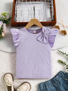 SHEIN 少女甜美百搭纯色罗纹盖袖圆领蝴蝶结T恤，适合日常、聚会、户外活动。不仅拥有时尚感，而且穿着舒适，更能展现少女夏日活泼可爱、甜美优雅的气质。 - 紫色 - 查看 1