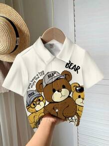 SHEIN Leap Crew Baby Boy Casual Simple Comfortable Letter & Cartoon Bear Shirt, Suitable For Spring/Summer - Multicolor - View 1