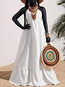 Slaydiva Summer Casual Vacation Sleeveless Ruffle Hem A-Line Long Dress For Women - White - View 1