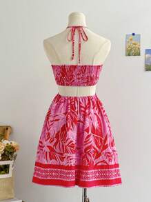 Soleia Summer Outfits For Women  Easter Outfit Women Vacation Rave Outfits Concert Outfit Women Rave Beach Vacation Outfits Concert Outfits For Women  Women Tropical Plant Print Halter Neck Mini Dress, Sundress Summer Vacation Style - Multicolor - View 2