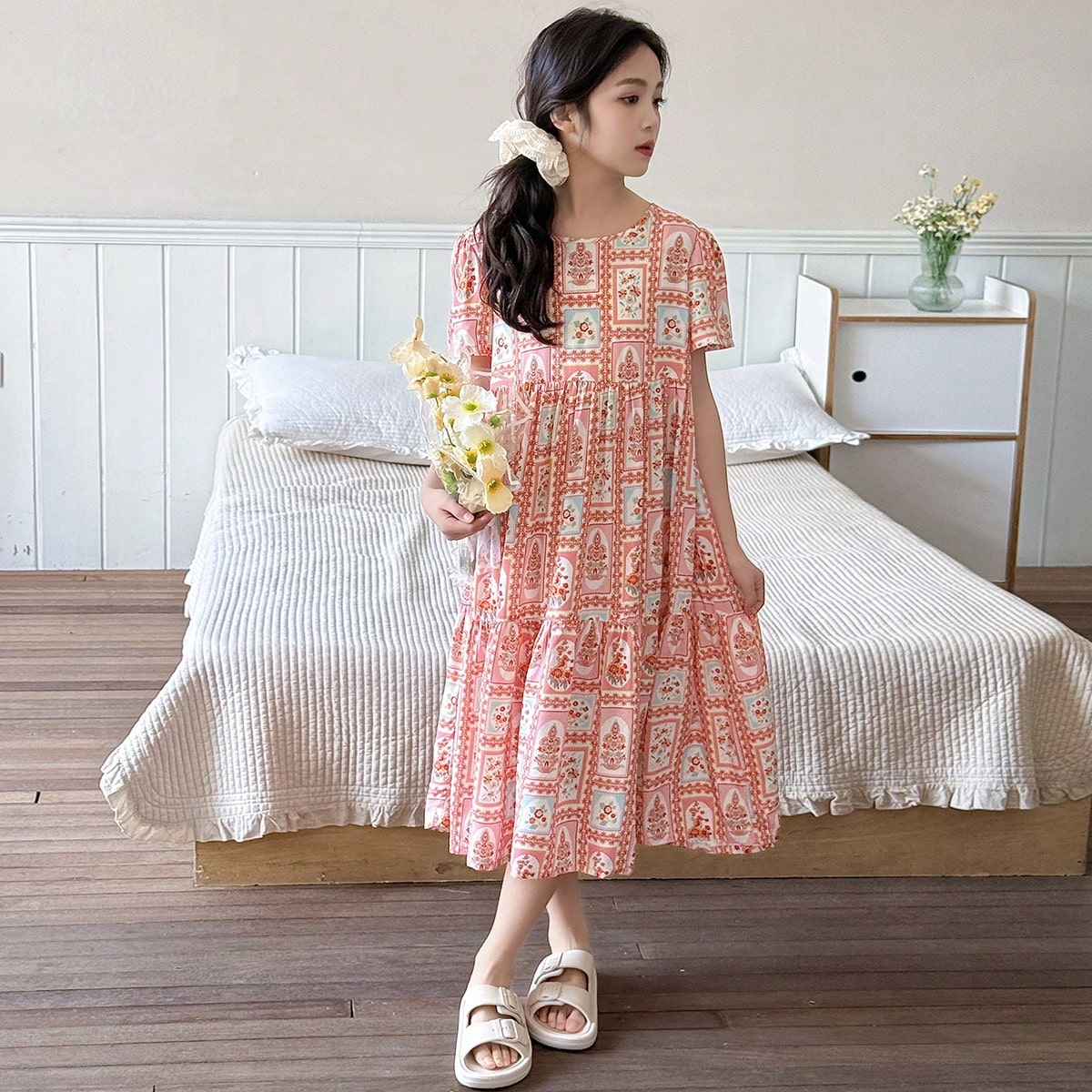 Conjunto de ropa de estar en casa con estampado floral, manga corta y cuello redondo para niña preadolescente, ideal para verano, vuelta al colegio,