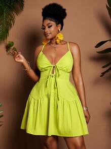 Maweii Plus Size Women Elegant Vacation Style Solid Color V-Neck Tie Waist Asymmetrical Ruched A-Line Mini Dress, Spring/Summer - Yellow - View 7