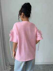 Elenzga 大码女式 3D 花卉装饰圆领短袖休闲 T 恤 - 粉色 - 查看 2