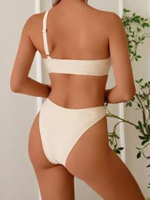 SHEIN Swim Women Beach Summer Outfits New Arrival Textured Material Metal Ring Decor Asymmetric Neck Design Bikini Set - Beige - View 3
