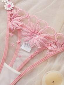 2件套女士性感内衣文胸和内裤套装带刺绣蕾丝 - 粉色 - 查看 4