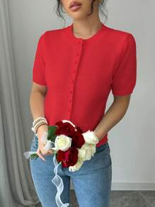 Chiquease New Arrival Casual Loose Pink Simple Button Knit Pullover Sweater, Women Short Sleeve - Red - View 6