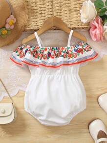 Baby Girls' Vacation Sleeveless Ruffle Open Shoulder Bodysuit - Red - View 2