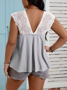 SHEIN LUNE Plus Size Women Lace Patchwork Bow Front Short Sleeve Solid Color Top Tee - Grey - View 2