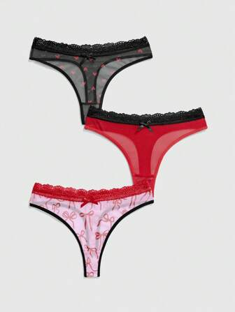 Kawaii 3er Pack Damen Romantische Schleifen, Herz Muster Mesh Spitze Patchwork Kontrast Farbe schmale Slips Set