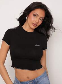 SHEIN Unity Top Sagittarius Embroidered Astrology Star Sign Everyday Casual Streetwear Lettuce Hem Birthday Gift Cotton Thanksgiving Christmas NYE New Years Eve Outfits For Women T Shirt - Black - View 4