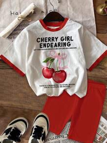 SHEIN Leap Crew Bộ 2 món áo thun tay ngắn in họa tiết quả anh đào thường ngày cho bé gái tuổi mới lớn và quần short, phù hợp cho mùa hè - trắng - Xem 3