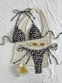 SHEIN Beach Summer Outfits For Women: Random Leopard Print Metallic Buckle Swimwear Two Pieces Set With Ribbed Pattern - Multicolor - View 1