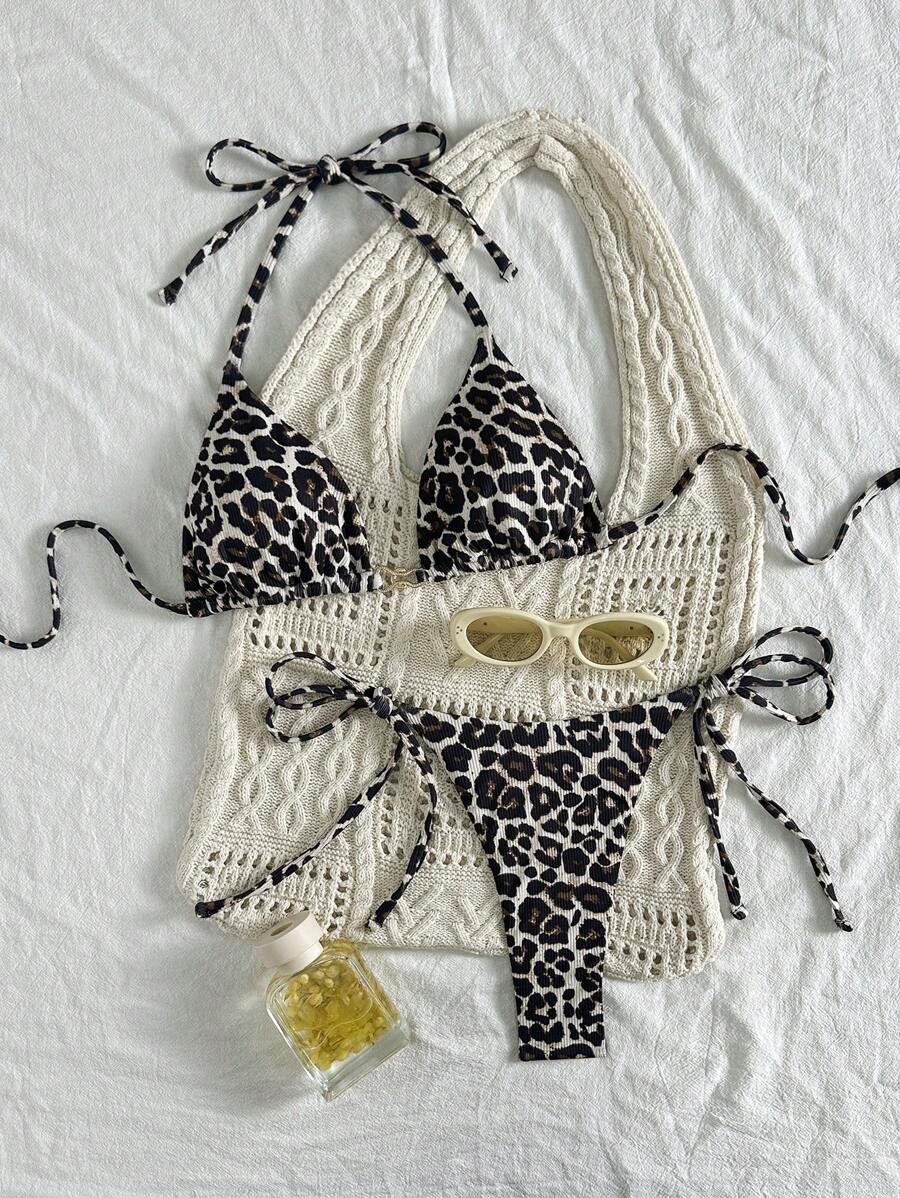 SHEIN Beach Summer Outfits For Women: Random Leopard Print Metallic Buckle Swimwear Two Pieces Set With Ribbed Pattern - Multicolor - View 1