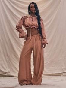 MUSERA Off The Shoulder Long Sleeve Ruched Tie Top Spring Summer Vacation Cute Top Holiday - Orange - View 5