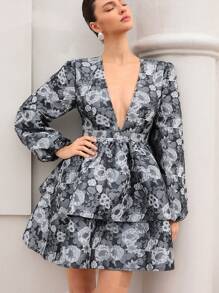 Aveloria Rosie Retro Elegant Elegant Puff Sleeve Long Sleeve Sexy Cake Ruffled Hem Women Short Dress All Over Print For Spring Fall - Grey - View 4