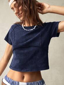 Bohemela 1 chiếc áo thun Dolman cổ tròn tay ngắn thiết kế họa tiết dệt kim màu trơn cho nữ, trang phục đi nghỉ - Màu xanh lam - Xem 4