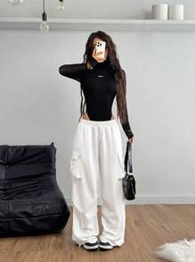 Coolane 黑色带盖口袋侧抽绳腰部降落伞工装裤 - 白色 - 查看 7