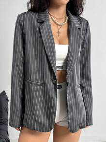 Coolane Women's Fall/Winter Streetwear Striped Grey Suit Jacket,Stripes For All Seasons