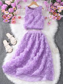 2 件套青少年女孩纯色 3D 花卉无袖圆领上衣和裙子，优雅夏季服装 - 紫色 - 查看 1