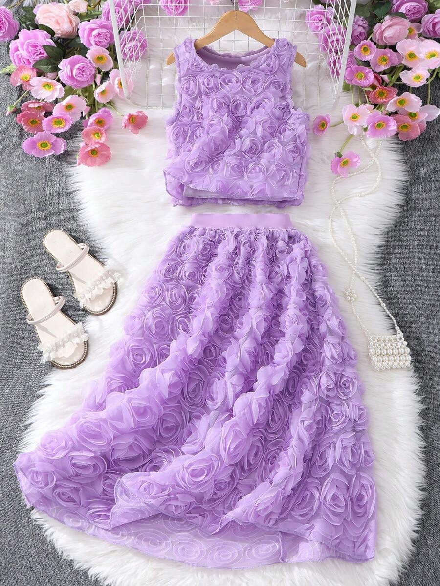 2 件套青少年女孩纯色 3D 花卉无袖圆领上衣和裙子，优雅夏季服装 - 紫色 - 查看 1