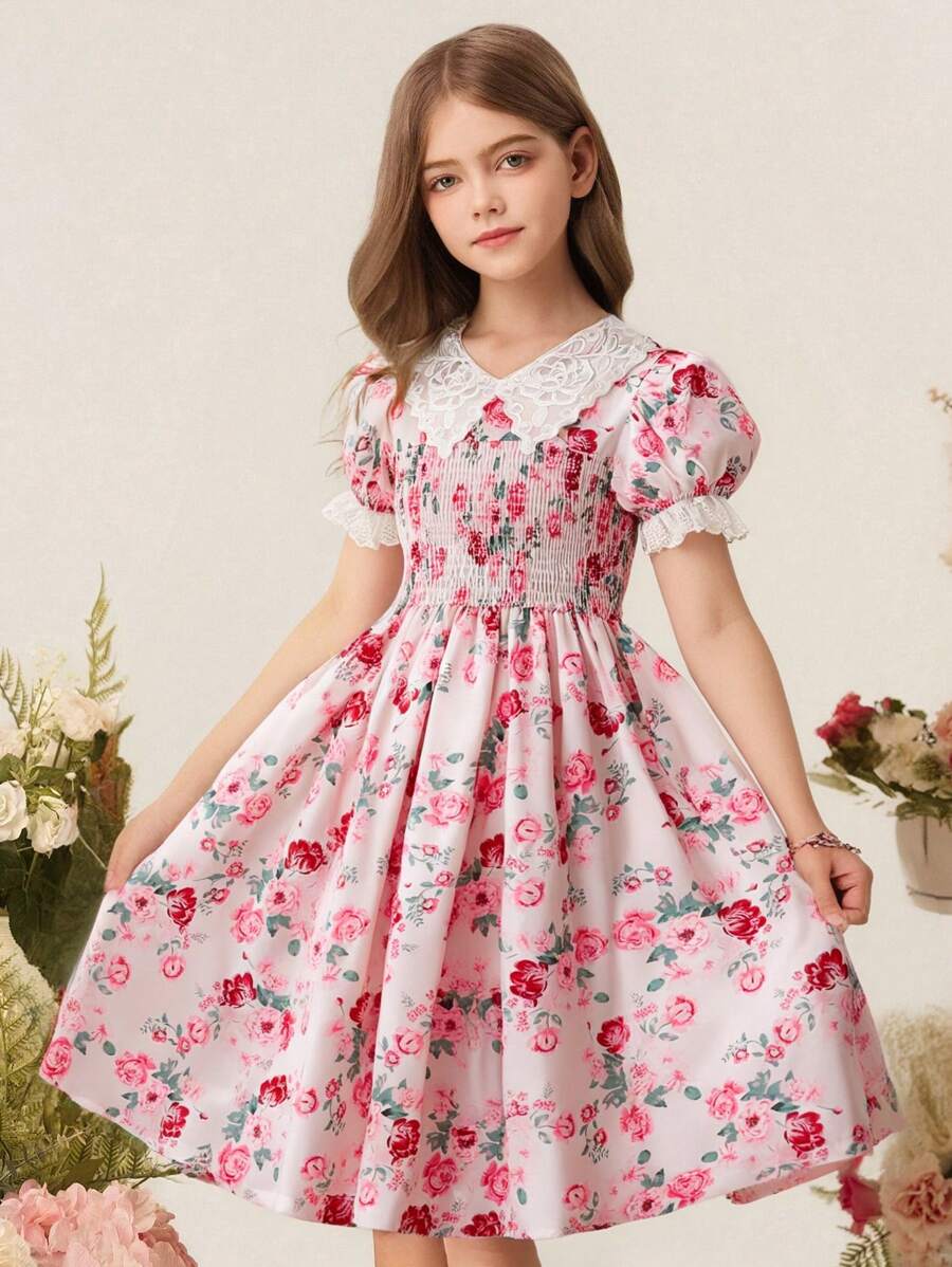 SHEIN Elladie kids 女孩青少年白色蕾丝领短袖花朵印花收腰荷叶边下摆连衣裙 - 彩色 - 查看 1