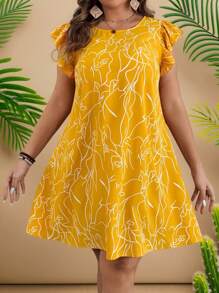 SHEIN VCAY Plus Size Casual Floral Print Cap Sleeve Dress For Summer,Beach Dress Sundress,Holiday Outfits Boho