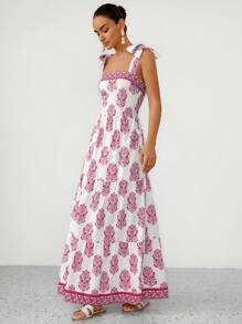 Aveloria Modichic Váy chữ A hở lưng in hoa thanh lịch theo phong cách Pháp sang trọng dành cho nữ - Màu tím hoa cà - Xem 3