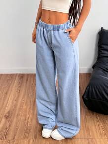 SHEIN PETITE Blue Women's Jeans Elastic Waistband Straight Wide-Leg Pants Summer Pants Versatile Jeans - Light Wash - View 3