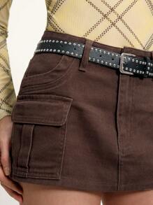 Arave Women's Casual Brown Denim Mini Skirt With Pockets - Coffee Brown - View 5