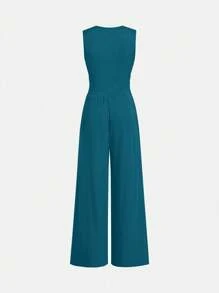 SHEIN Clasi Women's Solid Color Deep V Neck Ruffle Sleeveless Wide Leg Jumpsuit - Blue - View 2