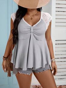 SHEIN LUNE Plus Size Women Lace Patchwork Bow Front Short Sleeve Solid Color Top Tee - Grey - View 4