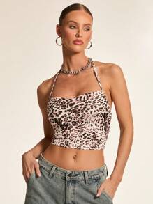 Glamine Top canotta attillato con collo ad aletta a stampa leopardata per donna