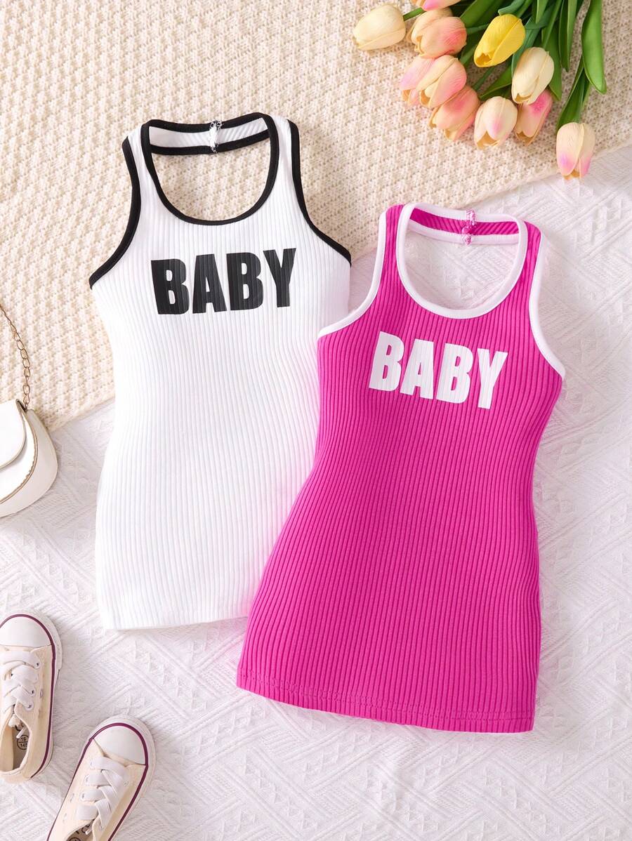 SHEIN Playful Pals 2 件套女婴休闲运动街头装简约字母印花无袖连衣裙,适合外出、春夏季 - 彩色 - 查看 1