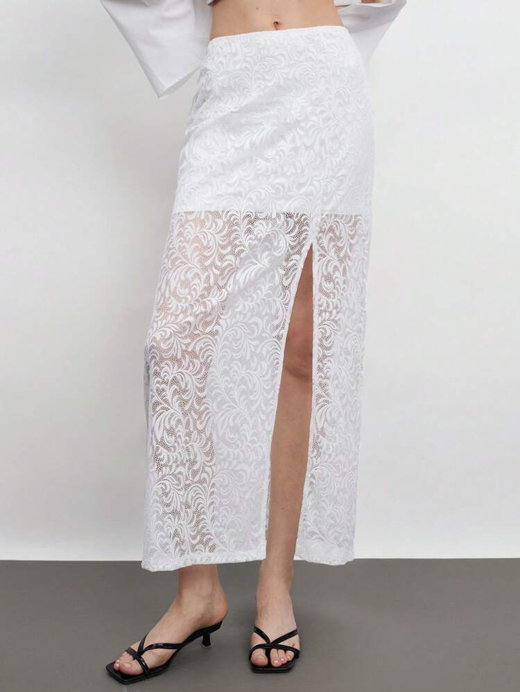 SHEIN Maija Women's Contrast Lace Side Slit Skirt, Fashion