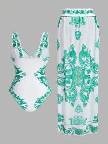 SHEIN Swim Boho Luxe Palace Print Ruffle Sleeve Premium One Piece Swimsuit Set - Mint Green - View 2