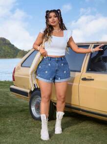 SHEIN ICON 大码女式雏菊刺绣流苏边休闲牛仔短裤