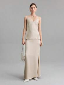 Ontre 2025 新款婚礼宾客优雅风格套装，杏色提花褶皱面料，吊带背心 + A 字裙，女士两件套服装，春夏 - 杏色 - 查看 1