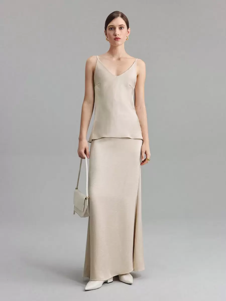 Ontre 2025 新款婚礼宾客优雅风格套装，杏色提花褶皱面料，吊带背心 + A 字裙，女士两件套服装，春夏 - 杏色 - 查看 1