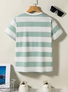 SHEIN Kaos Lengan Pendek Bergaris Leher Bulat Longgar Kasual untuk Anak Laki-Laki Remaja, Cocok untuk Bepergian, Sekolah, Aktivitas Sehari-hari, Olahraga, Musim Semi & Musim Panas - Hijau - View 2