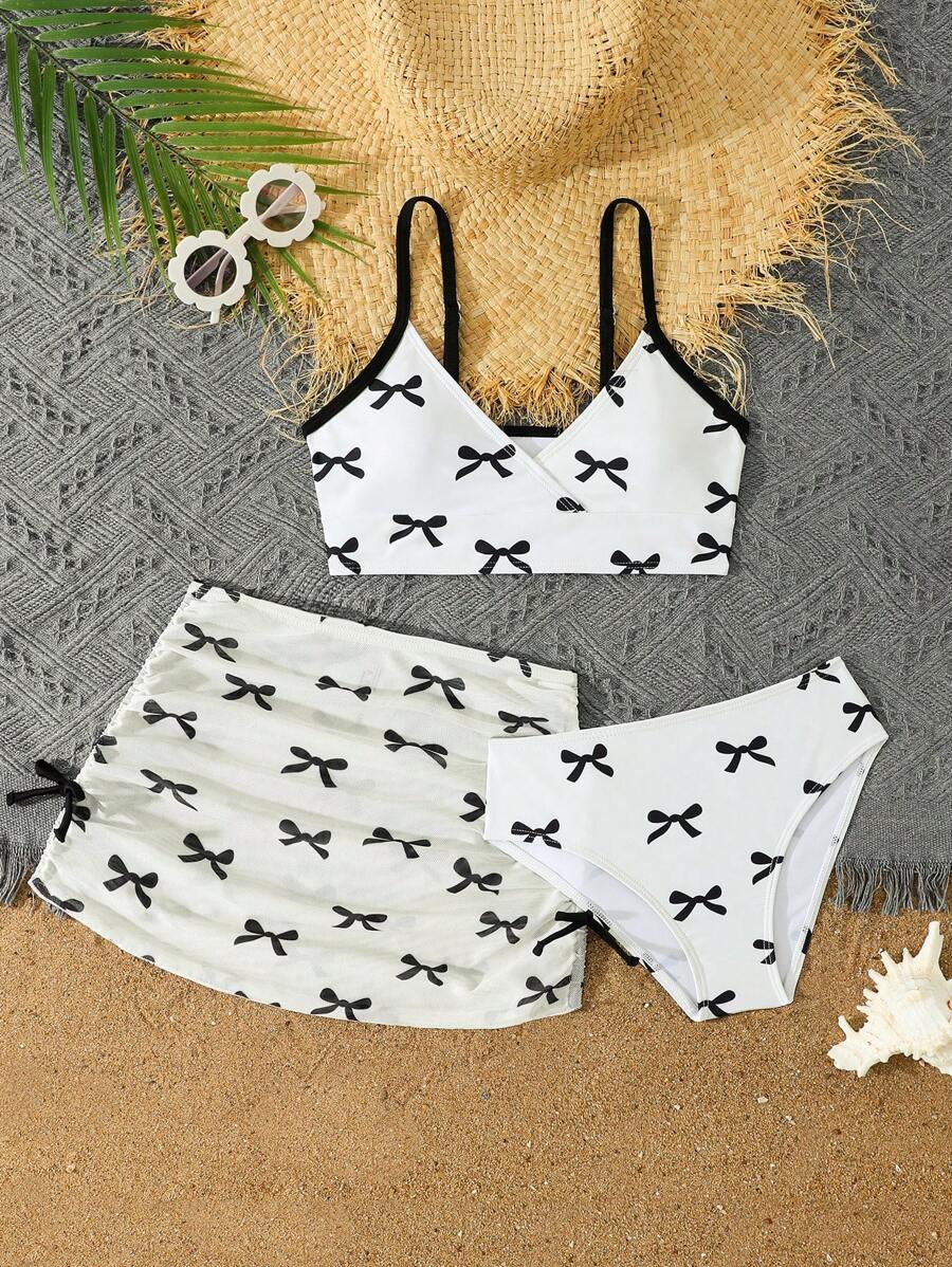 3pcs/Set Tween Girl Printed Random Splicing Bikini Swimwear - White - View 1